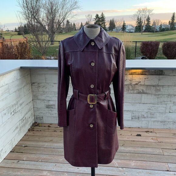 Vintage Di Costa Leather Overcoat Trench Coat Small Burgundy Belted 60s - Picture 1 of 16